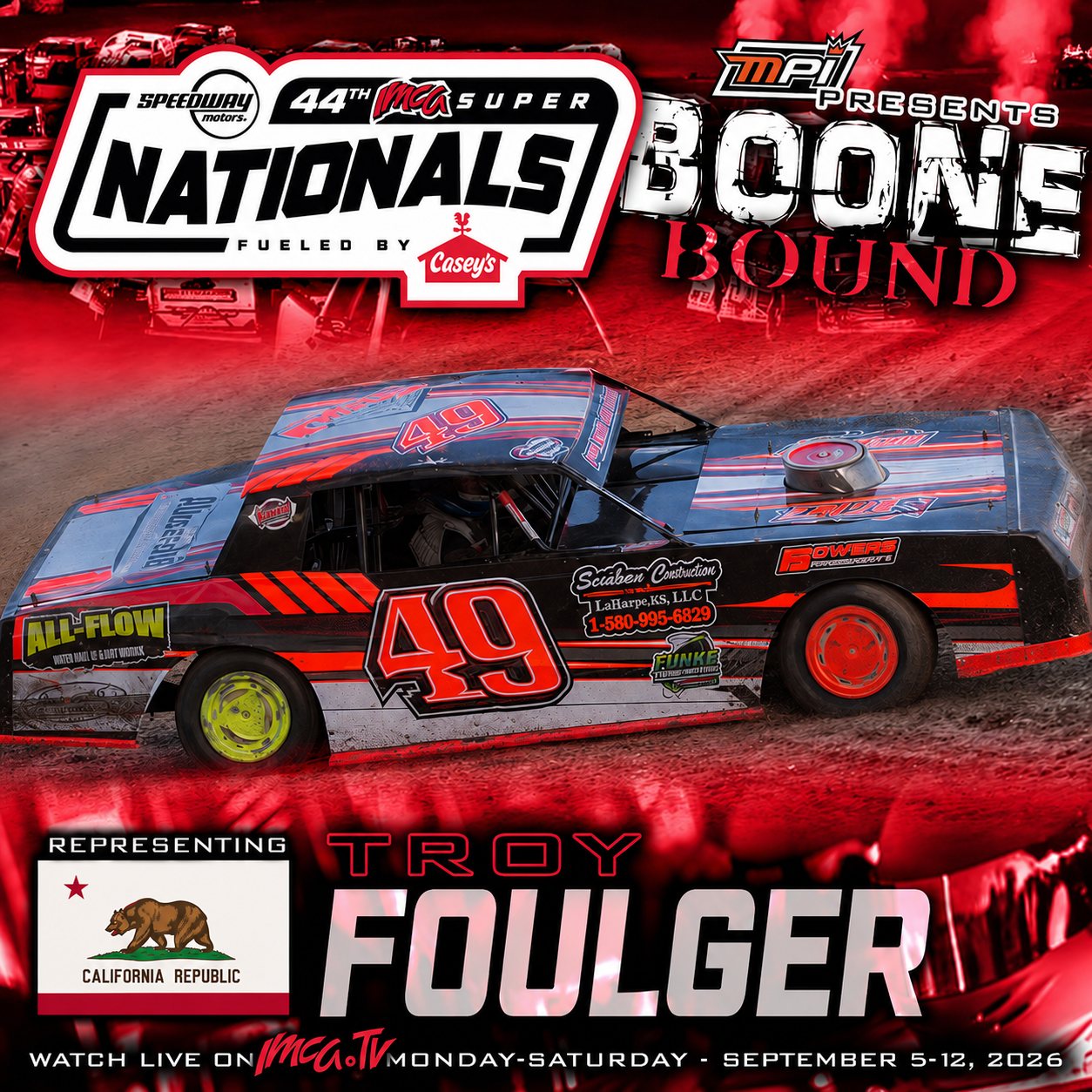 Boone Bound graphic for Troy Foulger's trip to the 44th IMCA Super Nationals