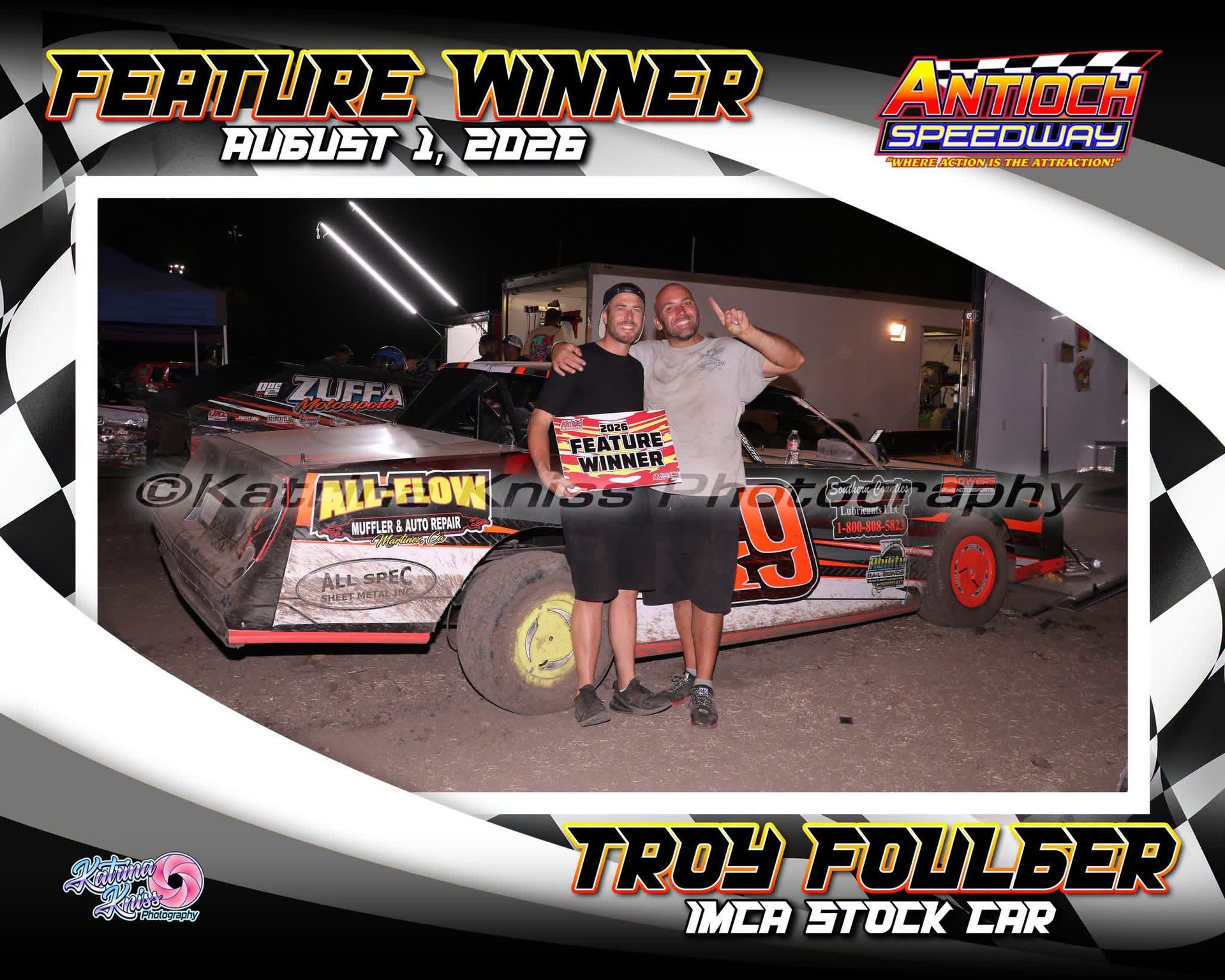Troy Foulger in victory lane with a crew member after the August 1, 2026 feature win at Antioch Speedway